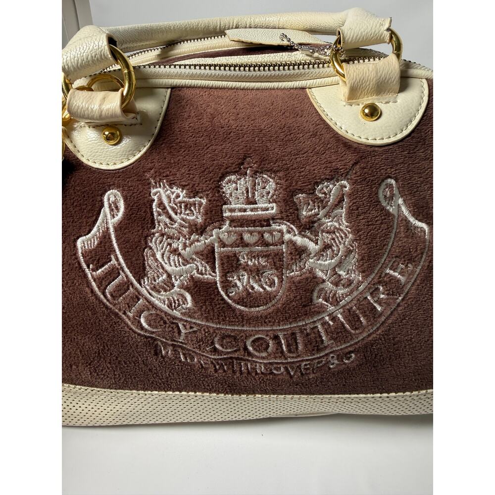 Juicy Couture Y2K Velour Bowler Satchel Bag Brown Cream Gold Womens Shoulder - Picture 11 of 16